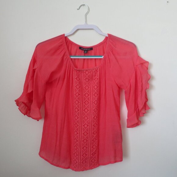 Zac & Rachel Pink Bohemian Peasant Crochet Sheer Blouse Flutter Sleeve - Picture 1 of 9
